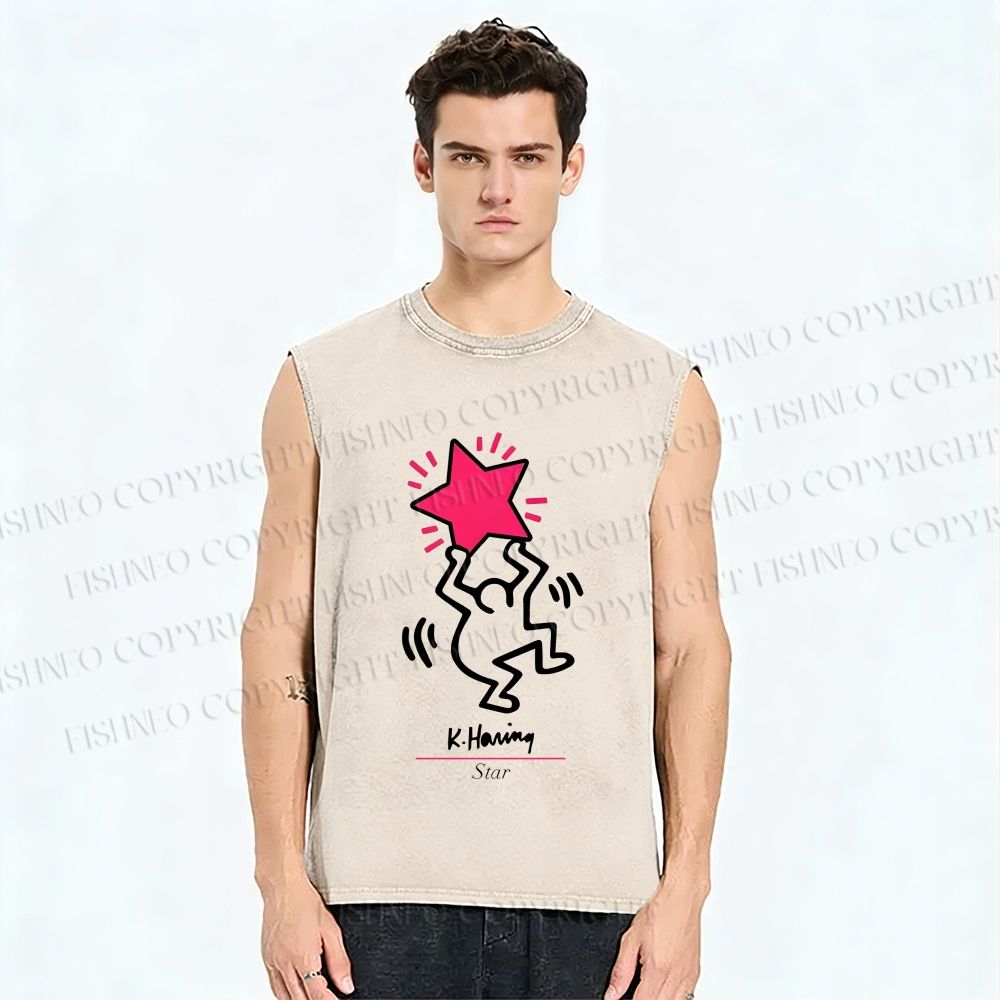 Unisex Keith Haring Star Printed Washed Tank Top