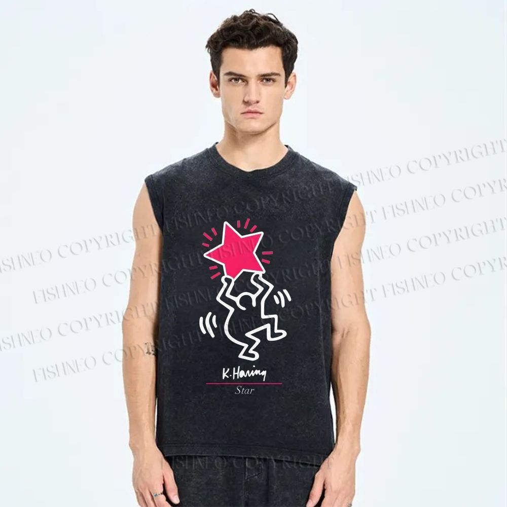 Unisex Keith Haring Star Printed Washed Tank Top