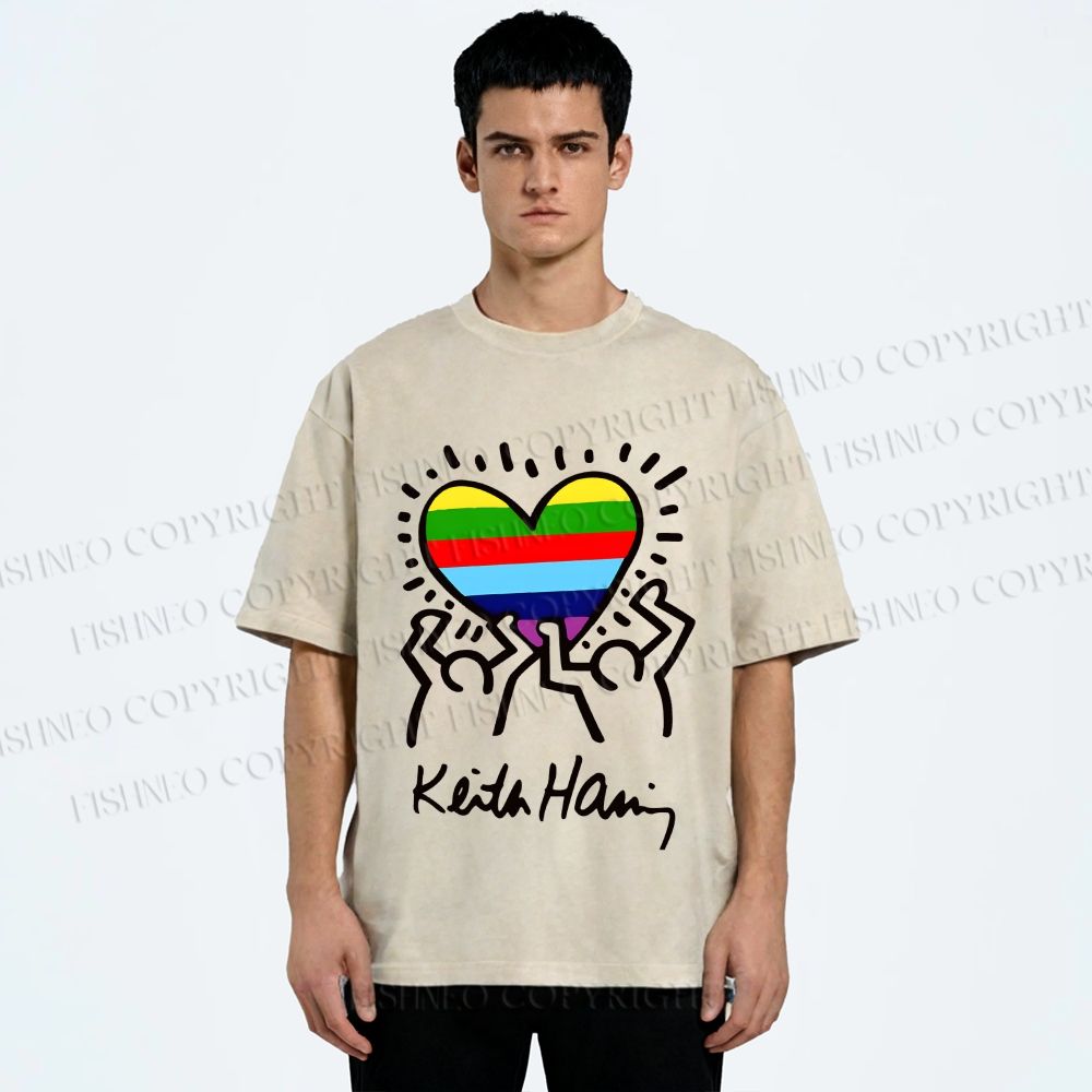 Unisex Pride In Love Rainbow Keith Haring Printed Washed Tee