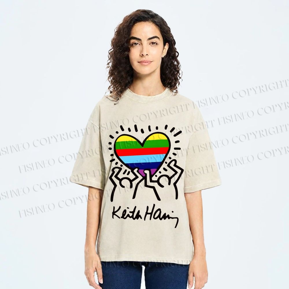 Unisex Pride In Love Rainbow Keith Haring Printed Washed Tee