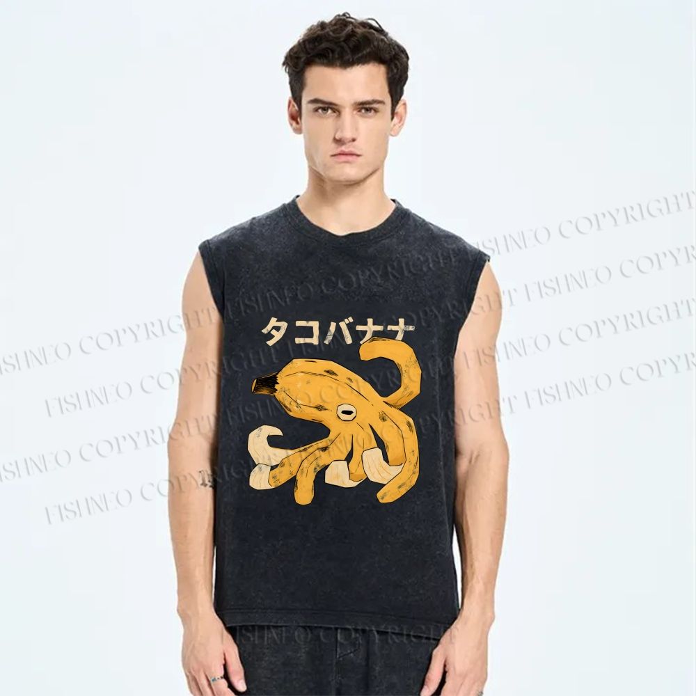 Unisex Octopus Banana Printed Washed Tank Top