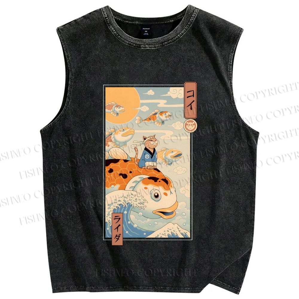 Unisex Koi Printed Washed Tank Top