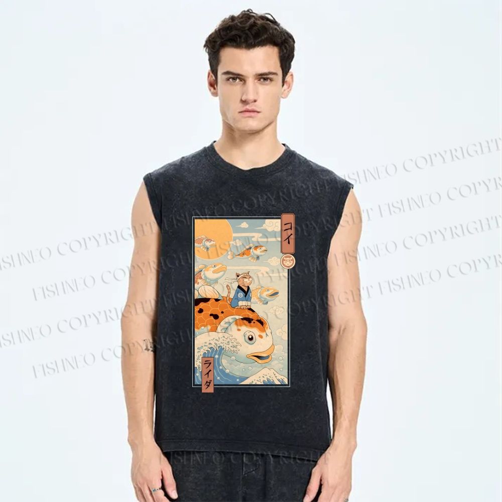 Unisex Koi Printed Washed Tank Top
