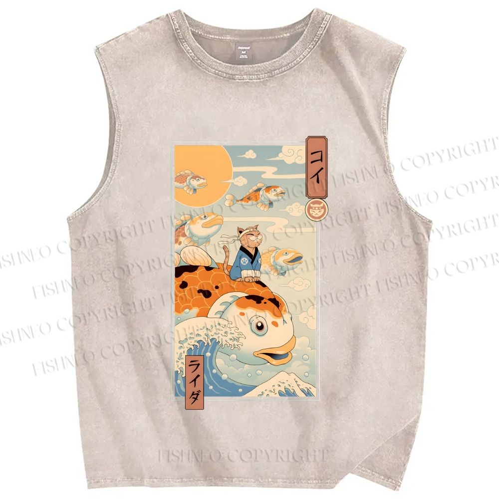 Unisex Koi Printed Washed Tank Top