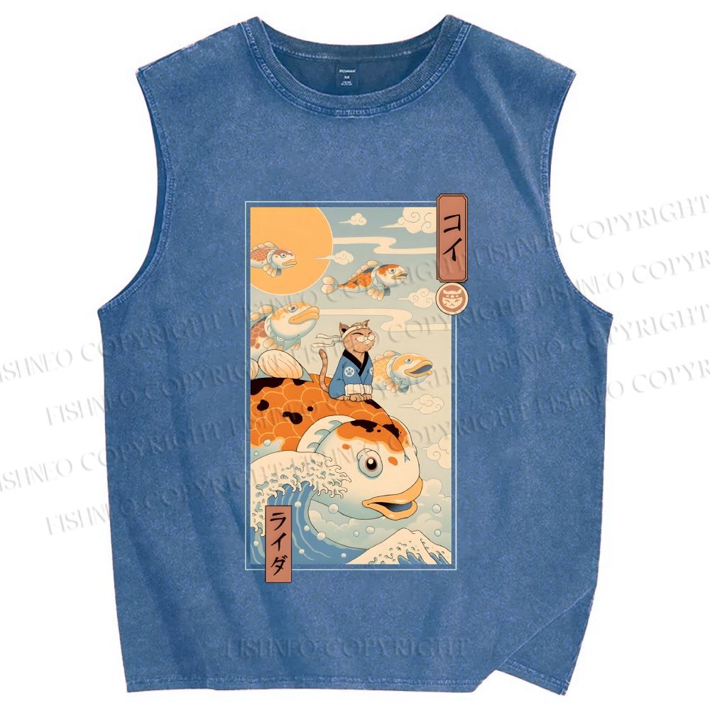 Unisex Koi Printed Washed Tank Top