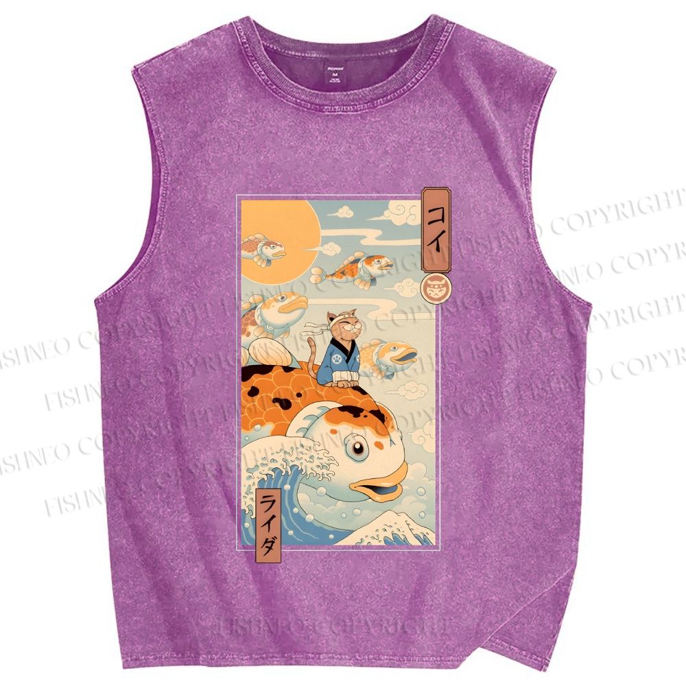 Unisex Koi Printed Washed Tank Top