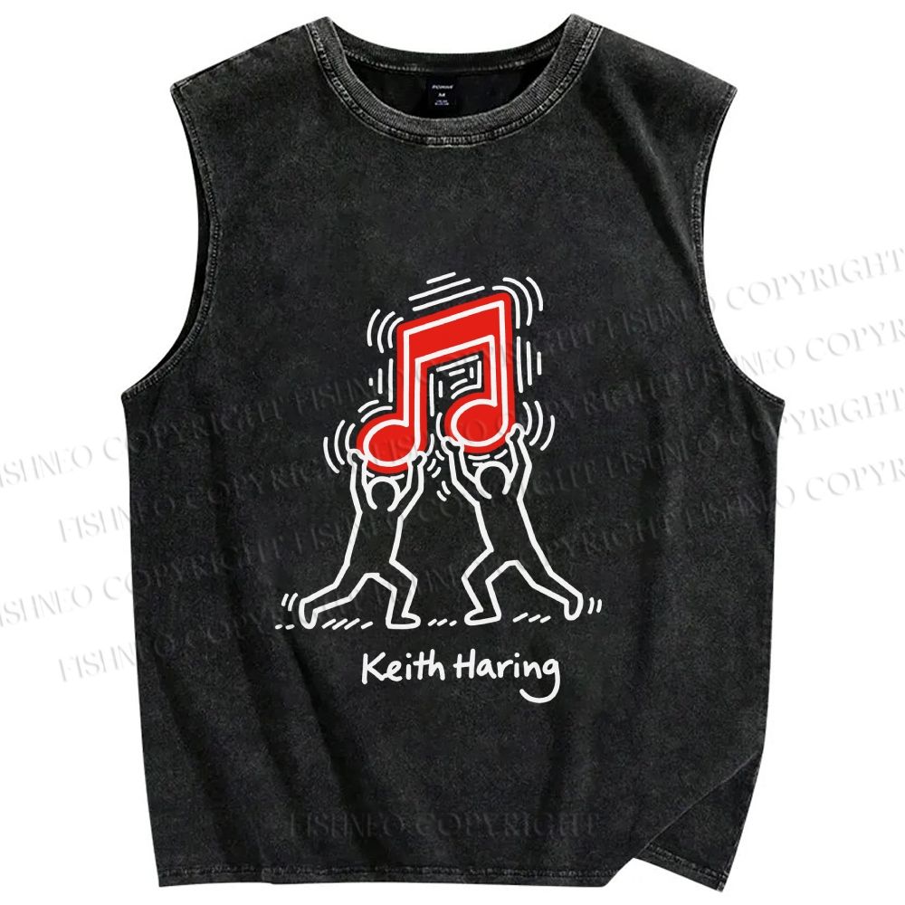 Unisex Keith Haring Music Note Printed Washed Tank Top