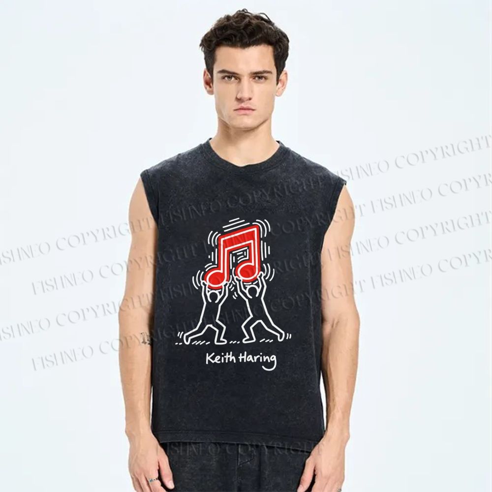 Unisex Keith Haring Music Note Printed Washed Tank Top