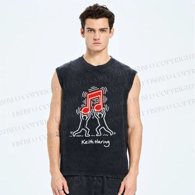 Unisex Keith Haring Music Note Printed Washed Tank Top