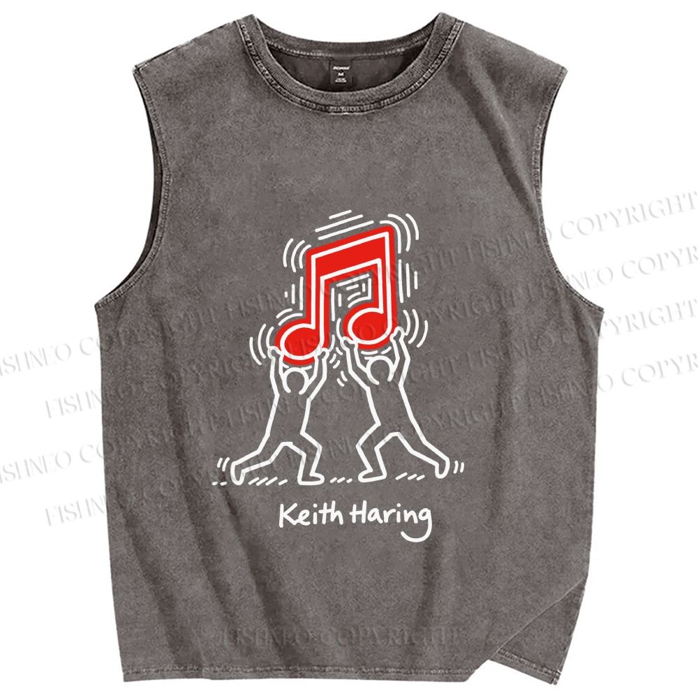 Unisex Keith Haring Music Note Printed Washed Tank Top