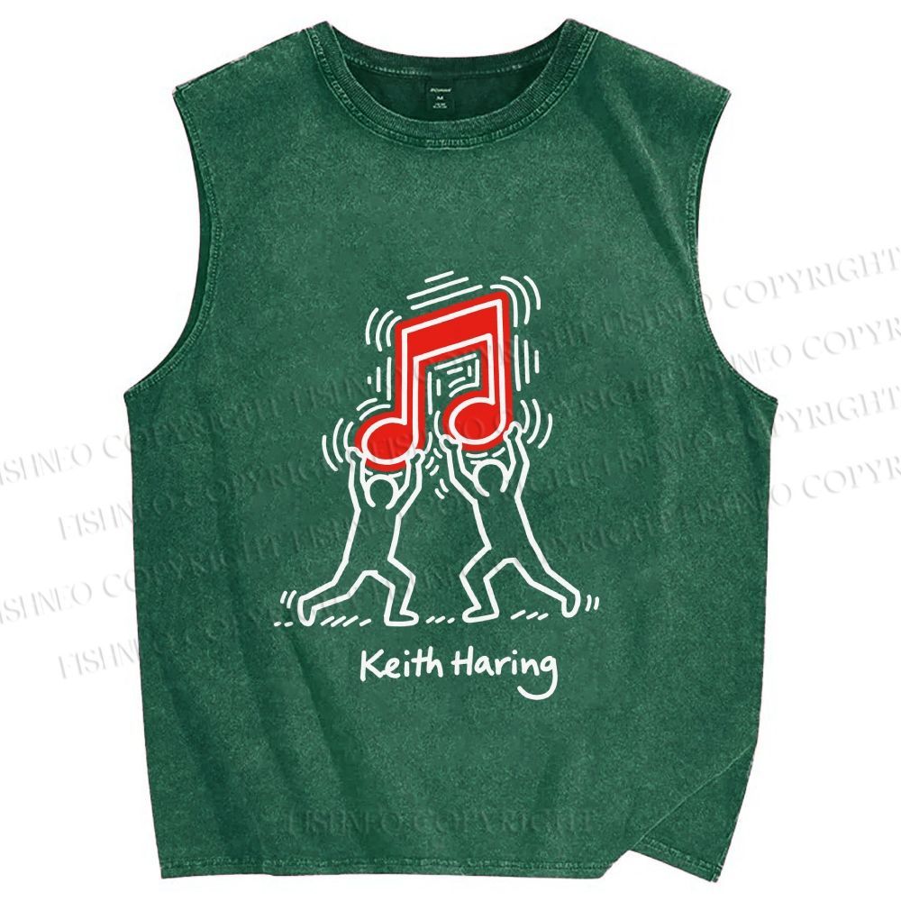 Unisex Keith Haring Music Note Printed Washed Tank Top