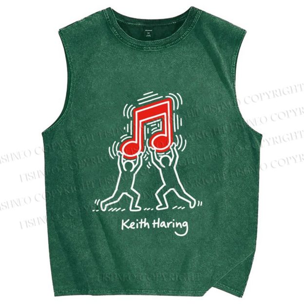 Unisex Keith Haring Music Note Printed Washed Tank Top