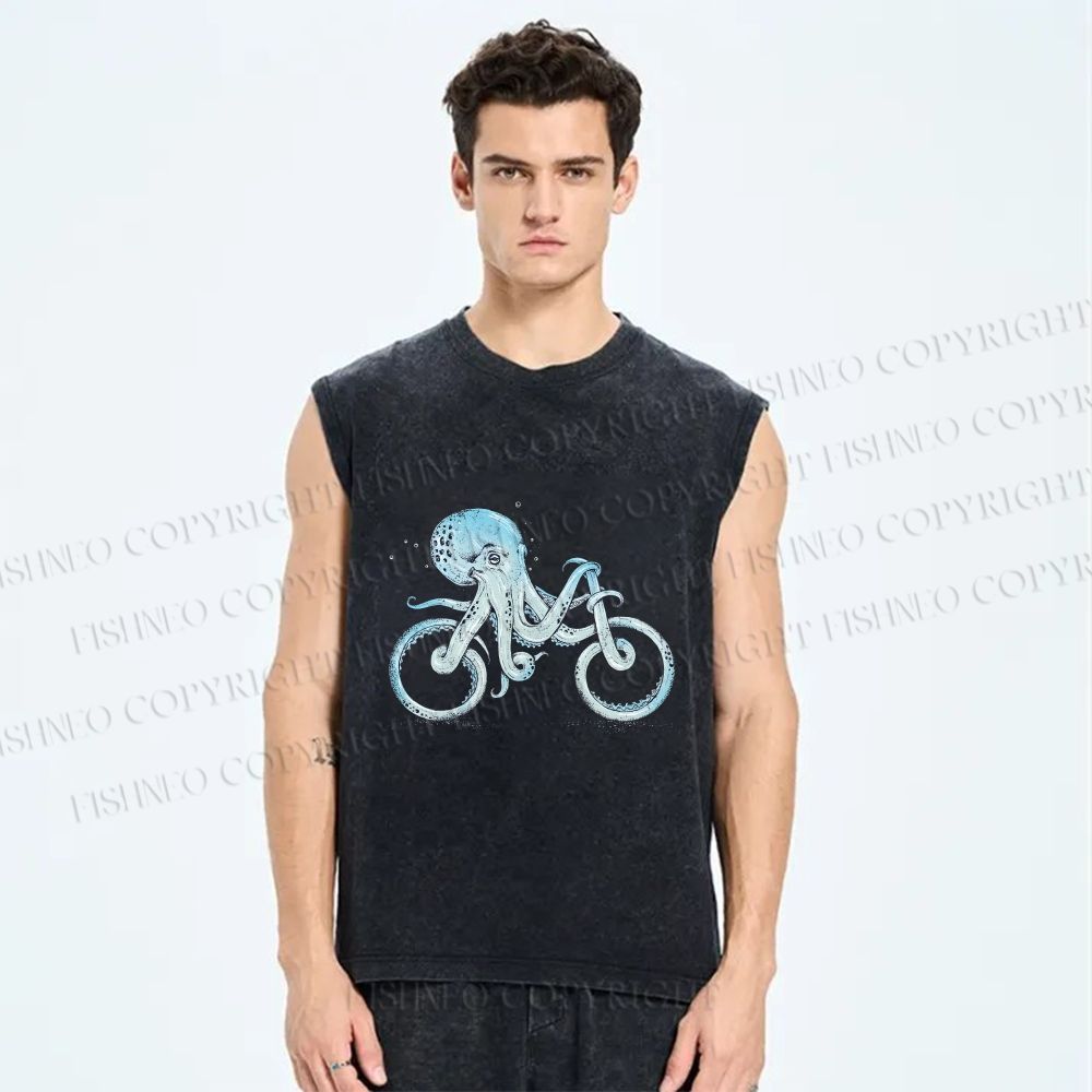 Unisex Bicycle Octopus Printed Washed Tank Top