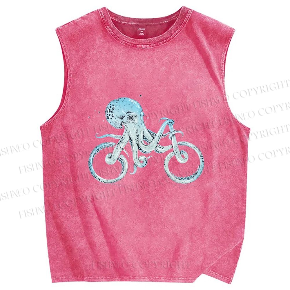 Unisex Bicycle Octopus Printed Washed Tank Top