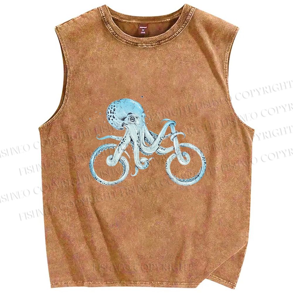 Unisex Bicycle Octopus Printed Washed Tank Top