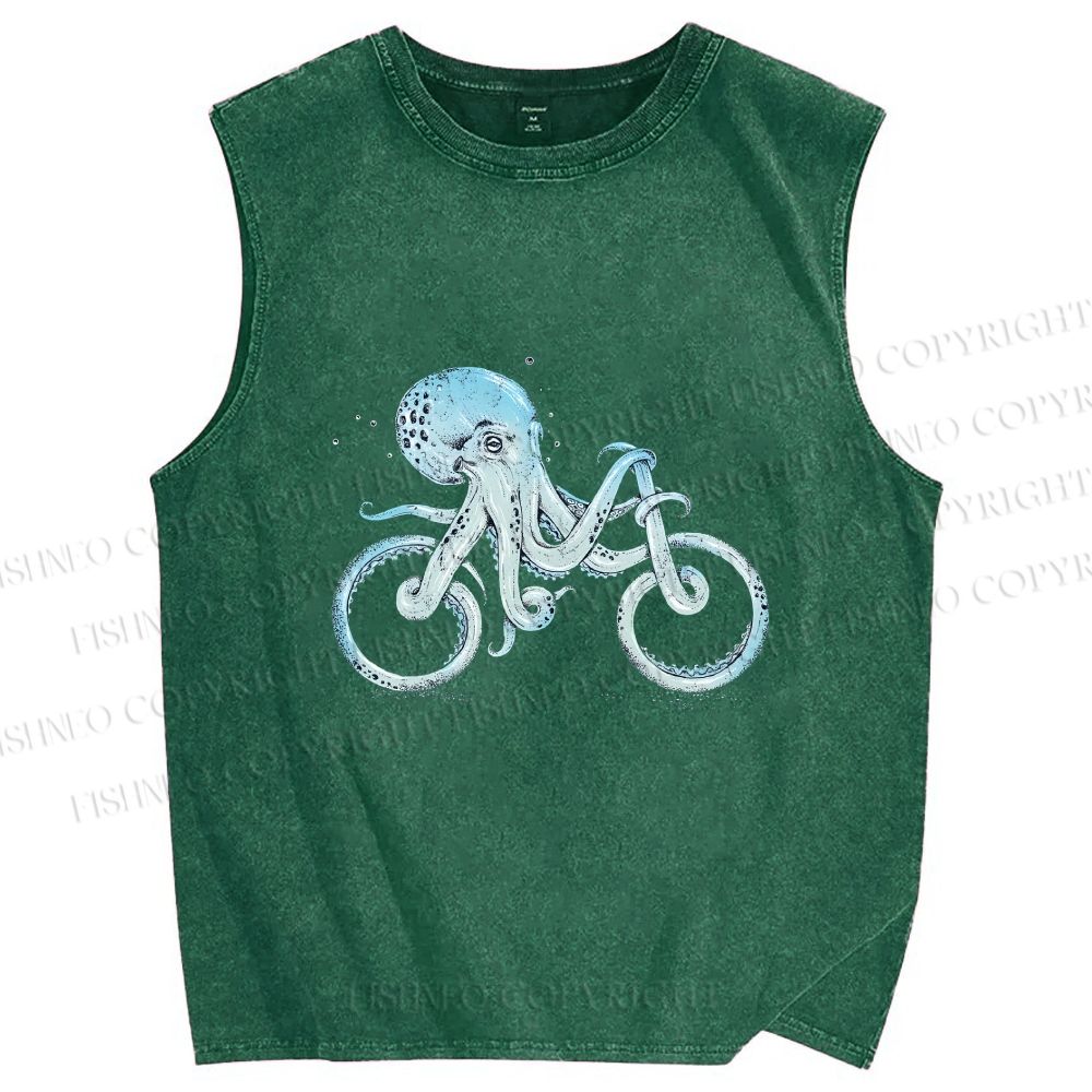 Unisex Bicycle Octopus Printed Washed Tank Top