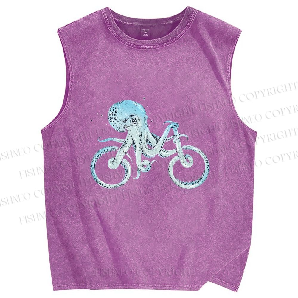 Unisex Bicycle Octopus Printed Washed Tank Top