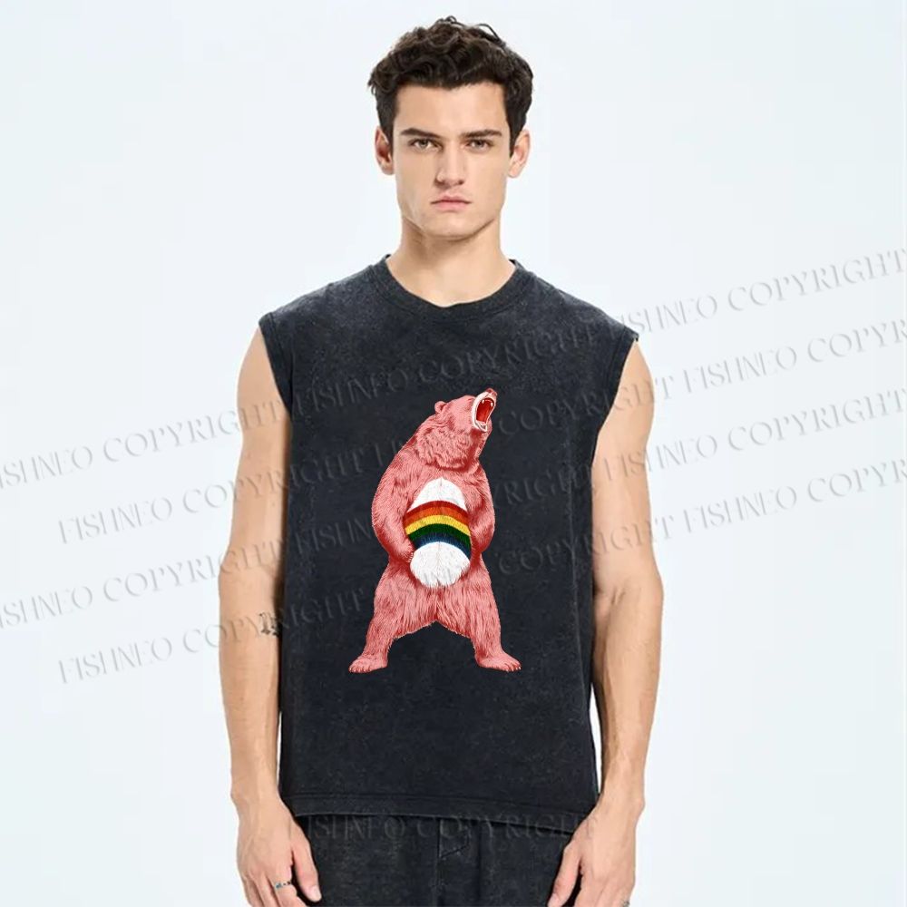 Unisex Pride Pink Bear Printed Washed Tank Top