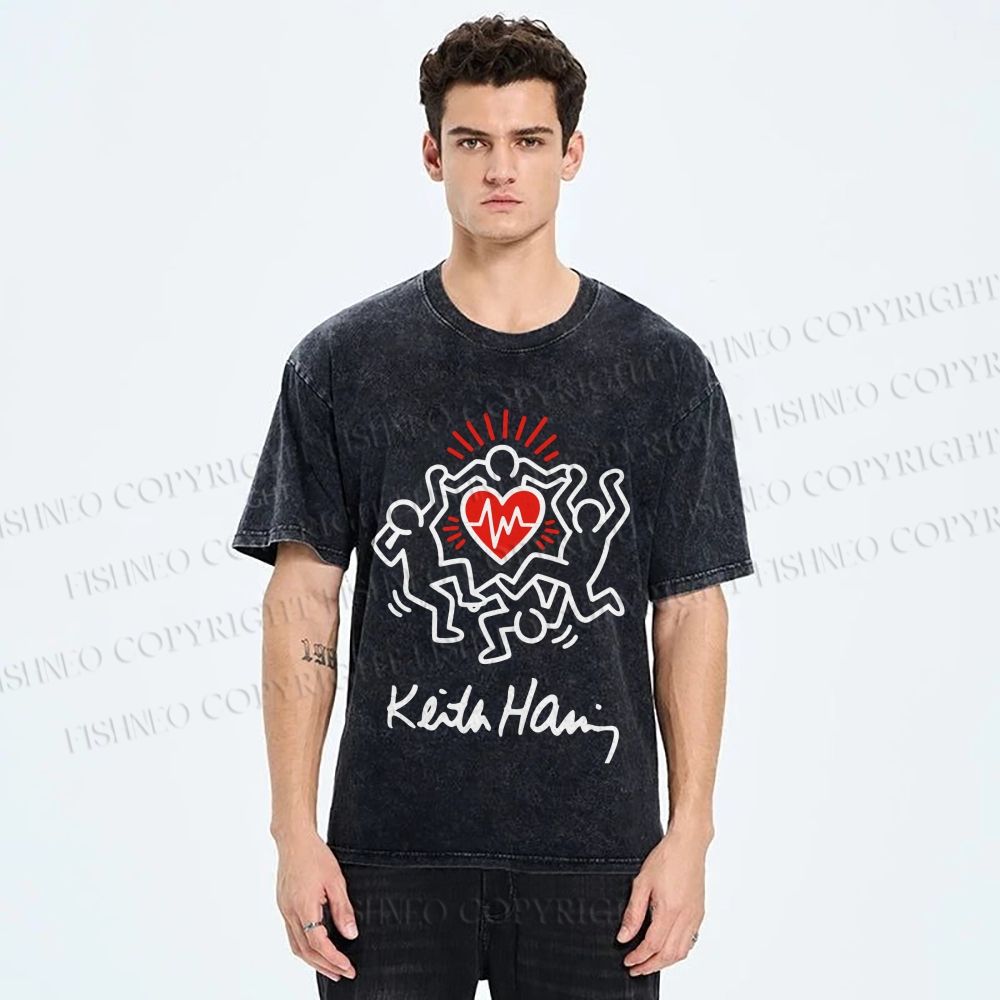 Unisex Keith Haring Figures With Heart  Printed Washed Tee