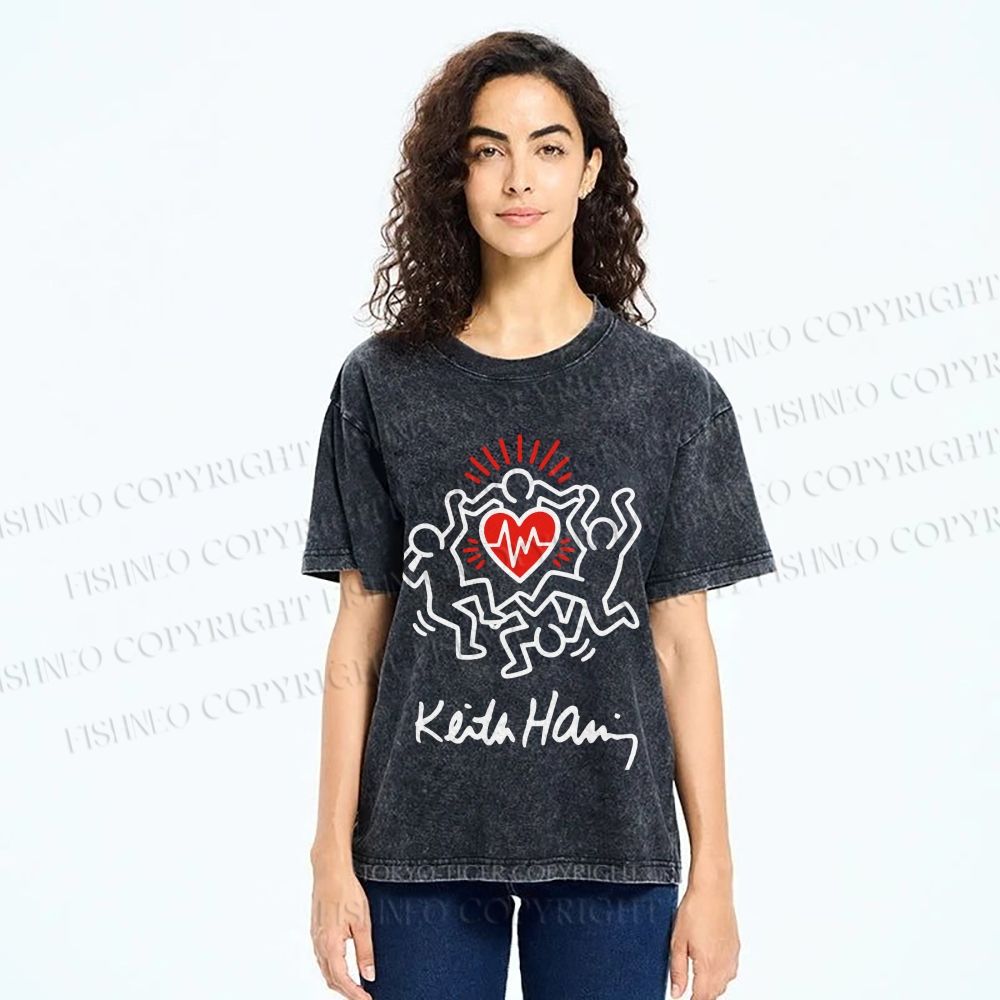 Unisex Keith Haring Figures With Heart  Printed Washed Tee