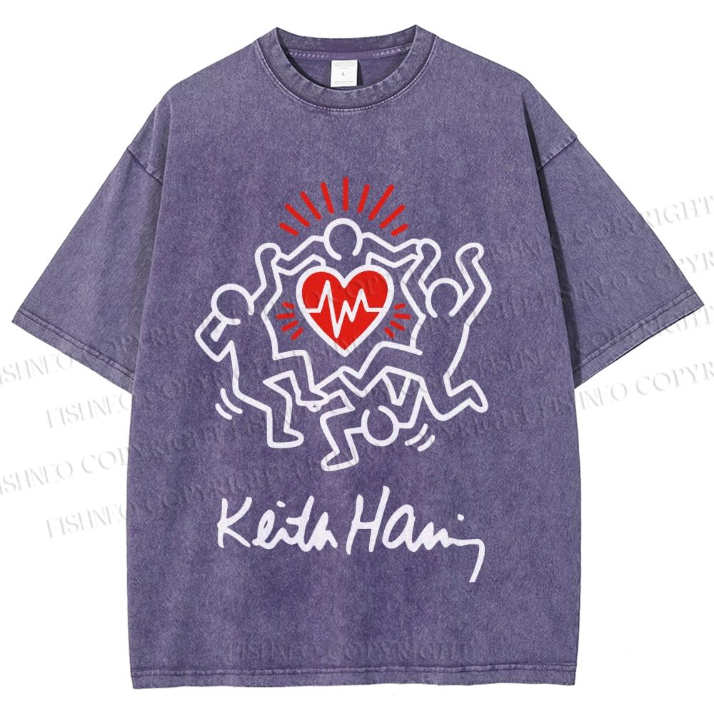 Unisex Keith Haring Figures With Heart  Printed Washed Tee