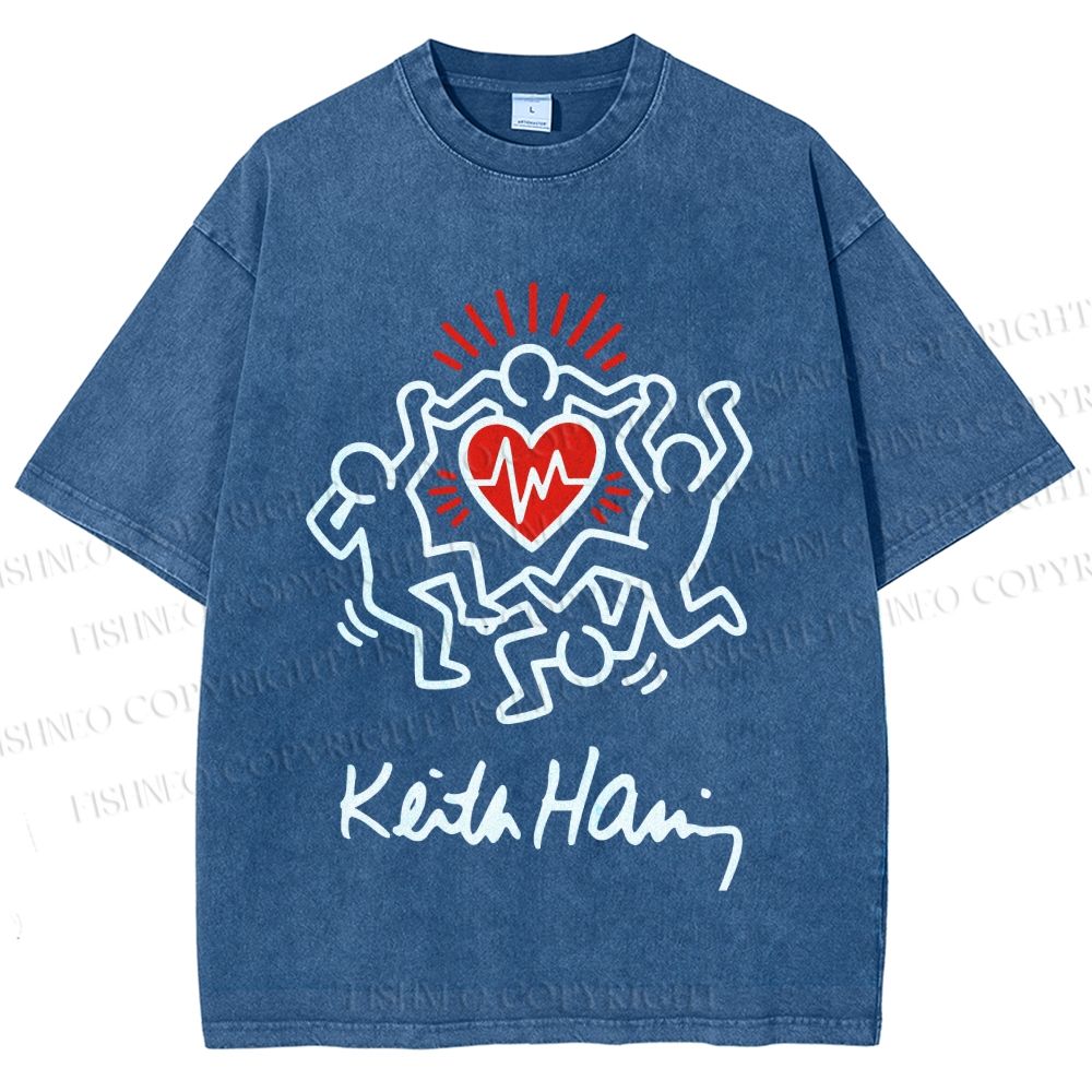 Unisex Keith Haring Figures With Heart  Printed Washed Tee