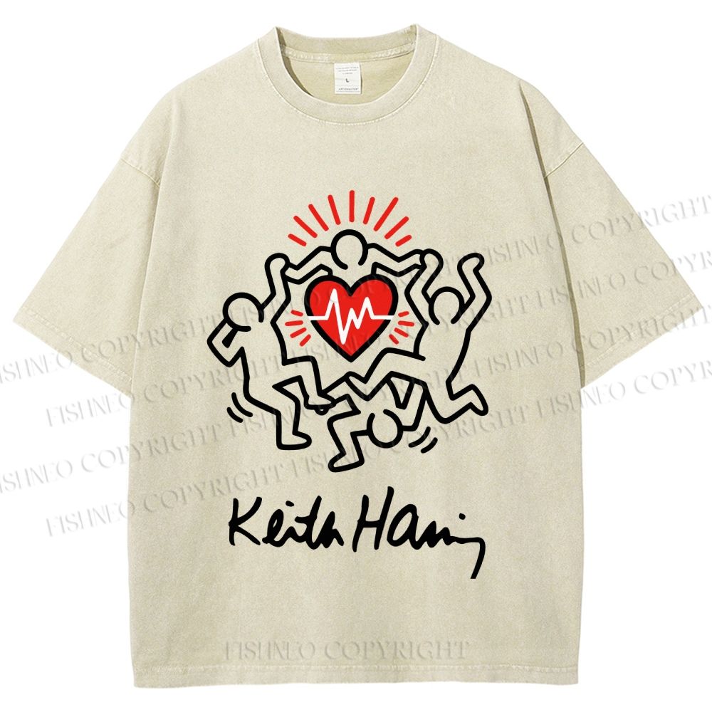 Unisex Keith Haring Figures With Heart  Printed Washed Tee
