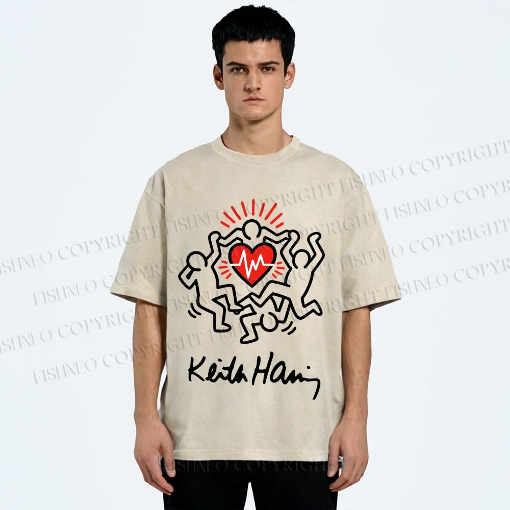 Unisex Keith Haring Figures With Heart  Printed Washed Tee