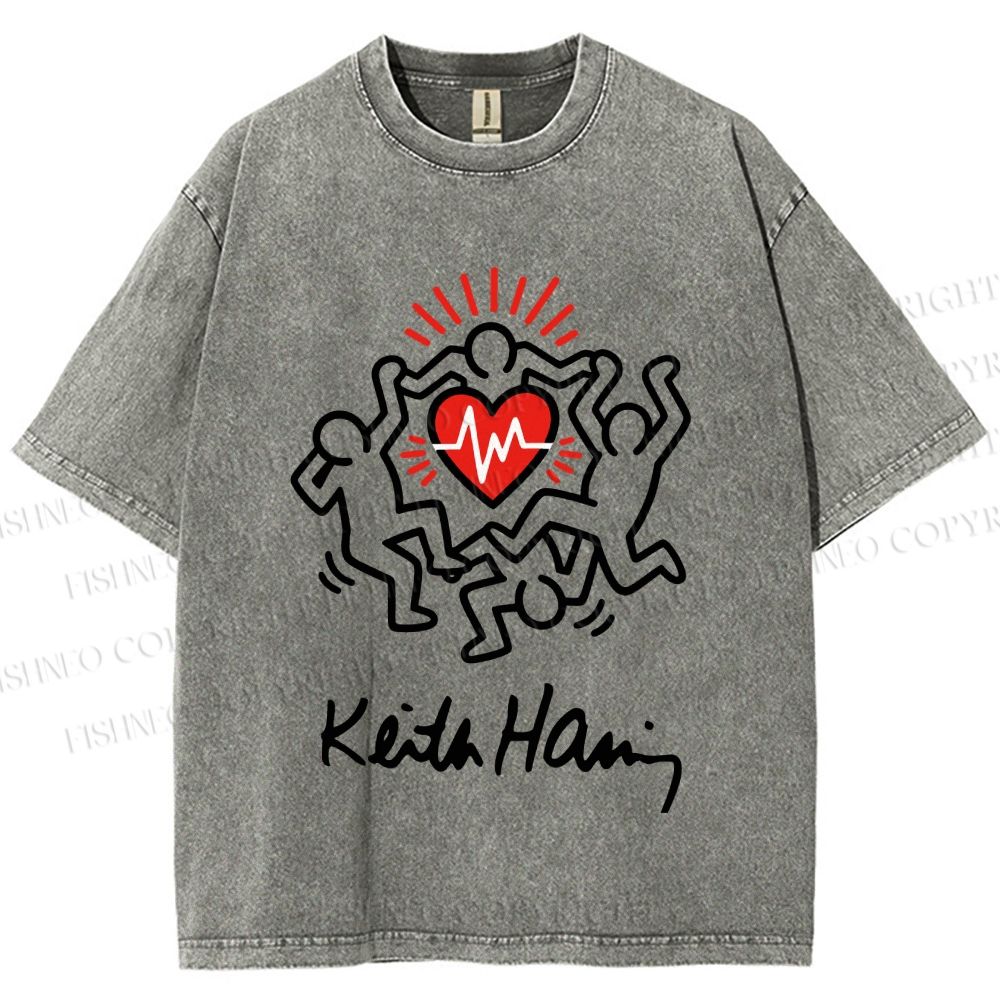 Unisex Keith Haring Figures With Heart  Printed Washed Tee