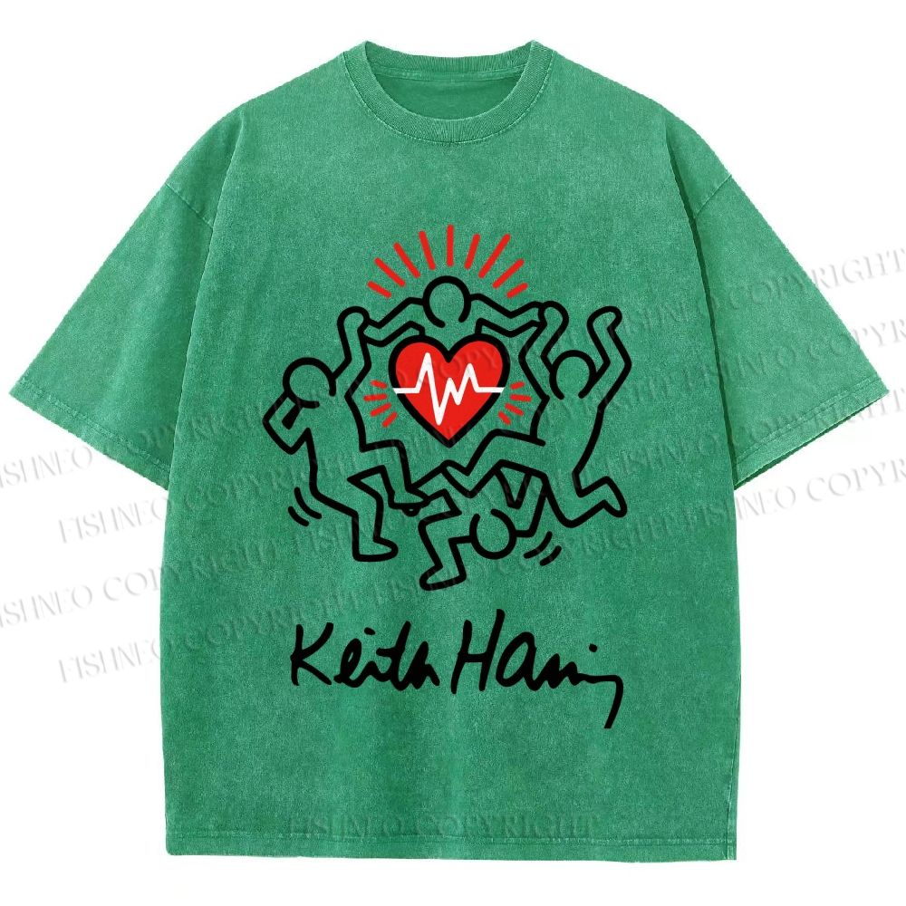 Unisex Keith Haring Figures With Heart  Printed Washed Tee