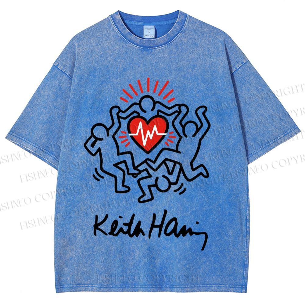 Unisex Keith Haring Figures With Heart  Printed Washed Tee