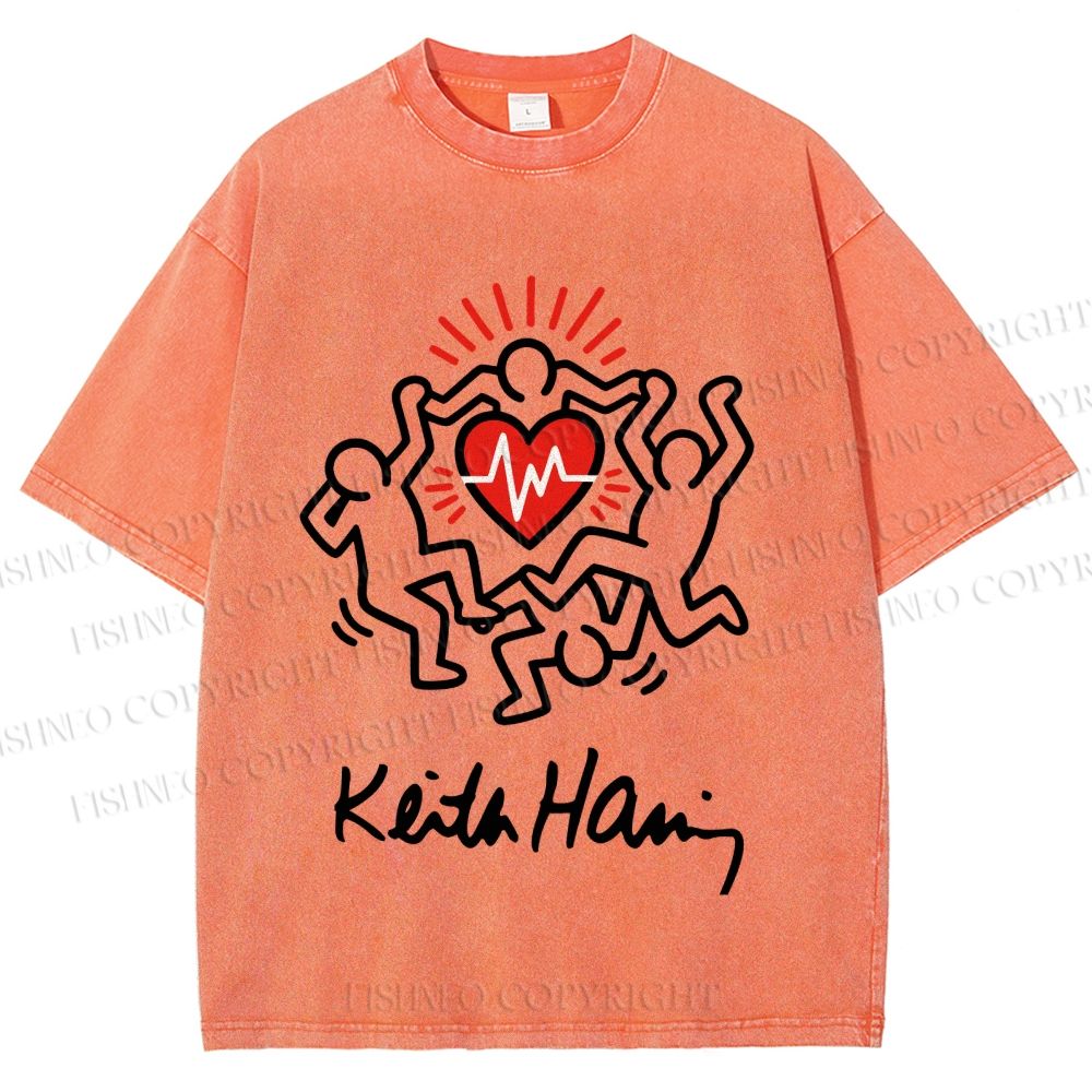 Unisex Keith Haring Figures With Heart  Printed Washed Tee