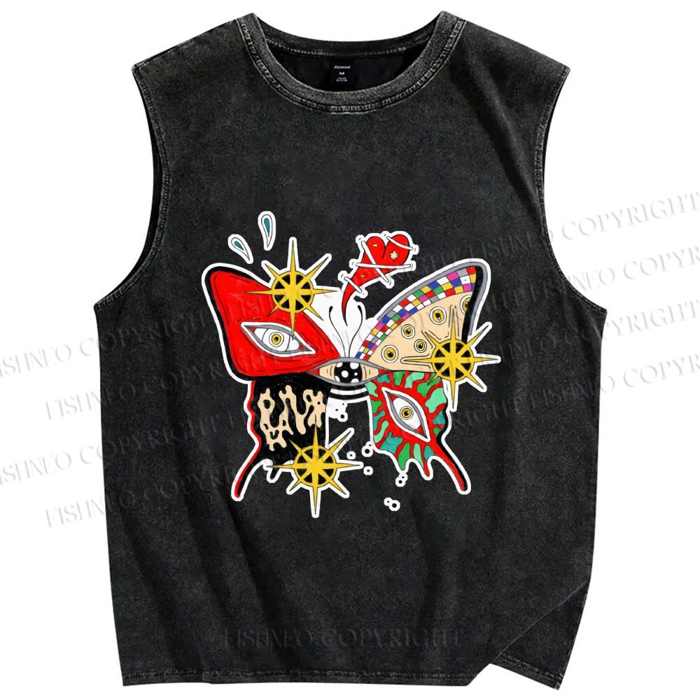 Unisex Butterfly Eye Graffiti Printed Washed Tank Top
