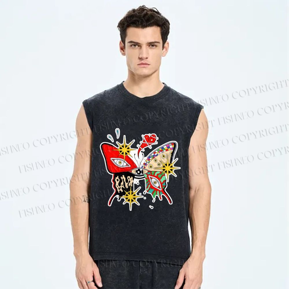 Unisex Butterfly Eye Graffiti Printed Washed Tank Top