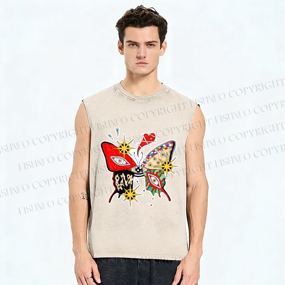 Unisex Butterfly Eye Graffiti Printed Washed Tank Top