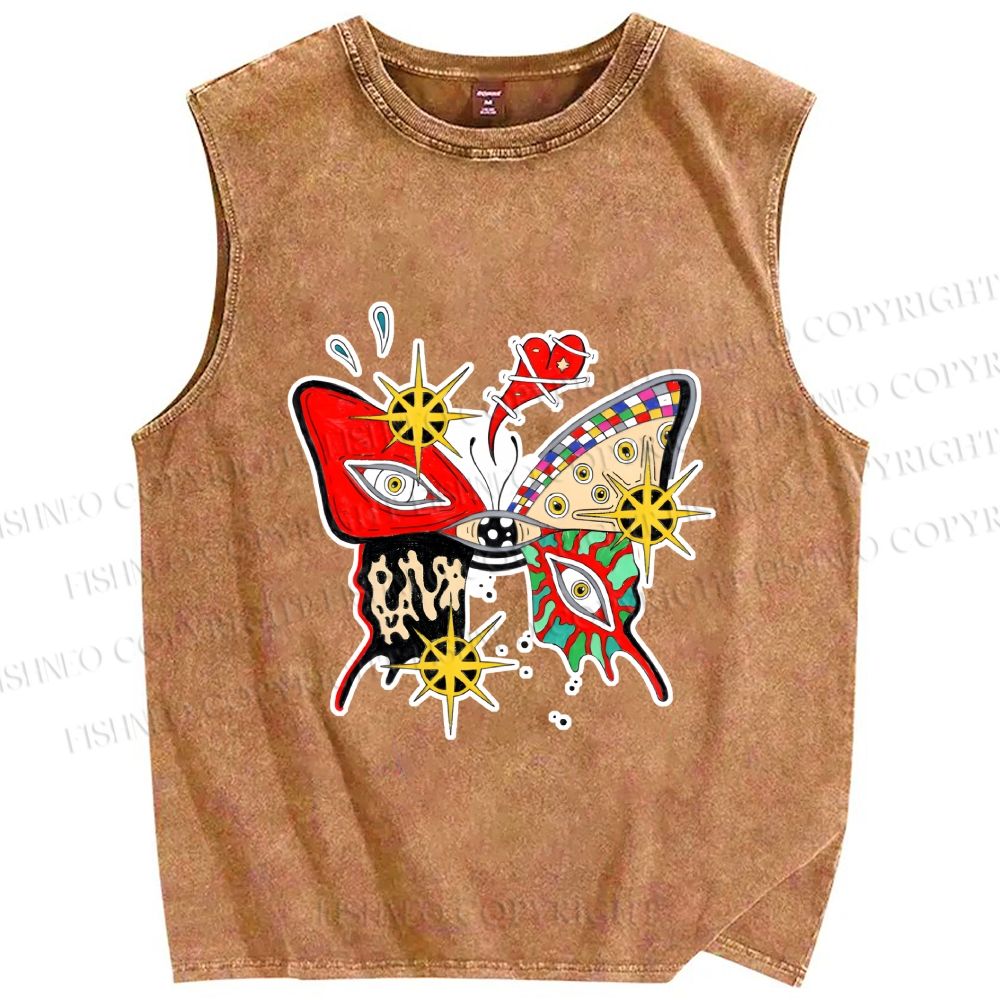 Unisex Butterfly Eye Graffiti Printed Washed Tank Top
