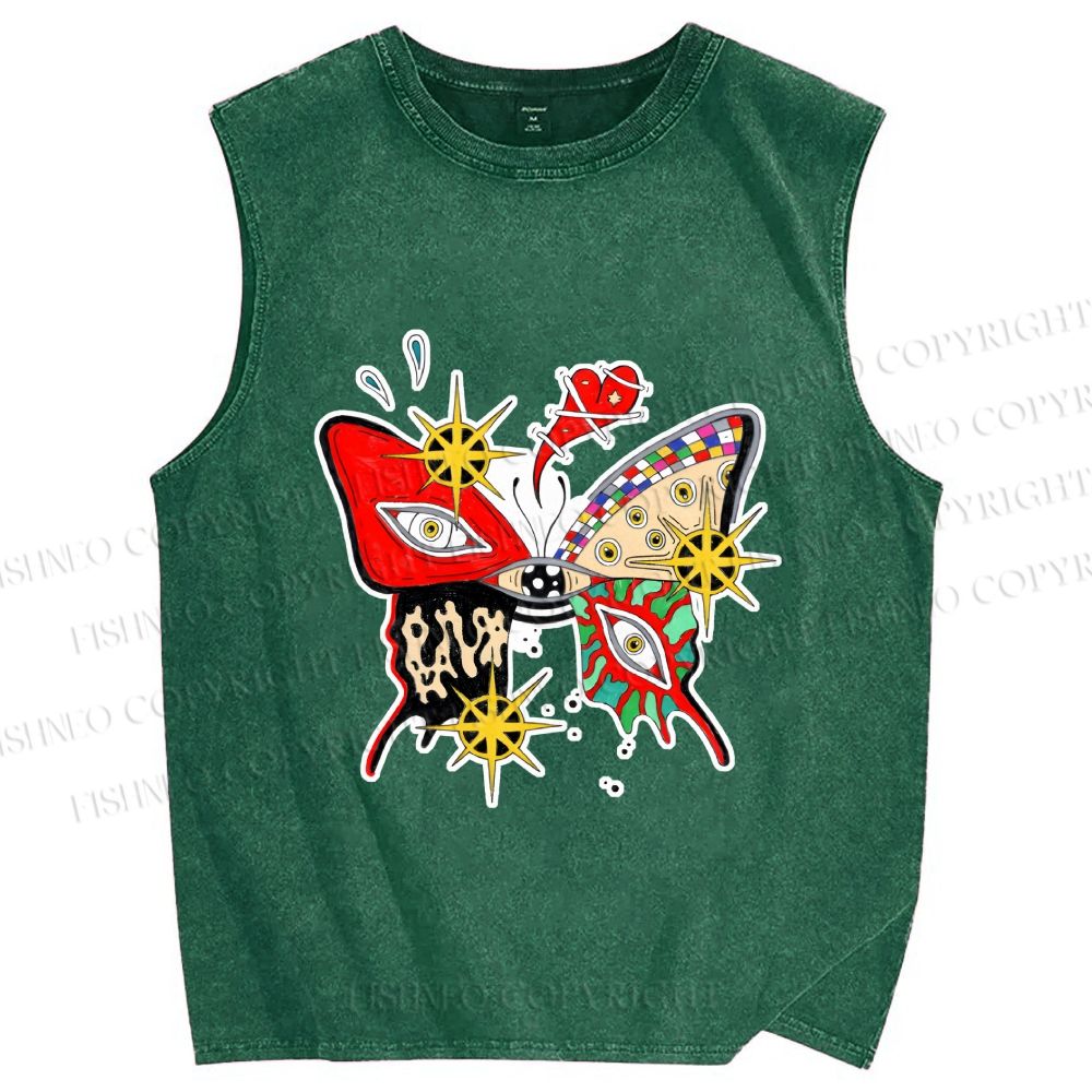 Unisex Butterfly Eye Graffiti Printed Washed Tank Top