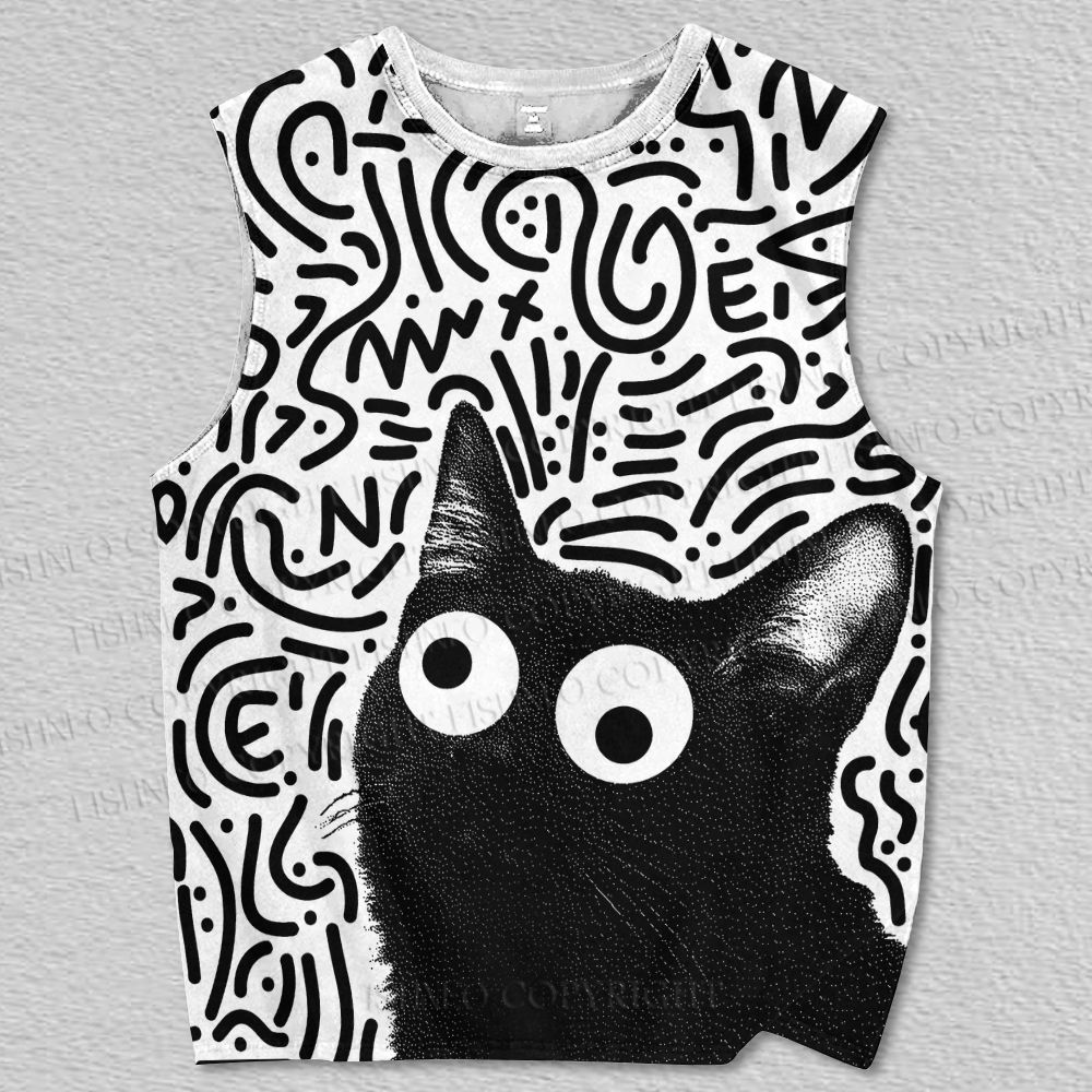 Unisex Silly Black Cat Printed Tank Top