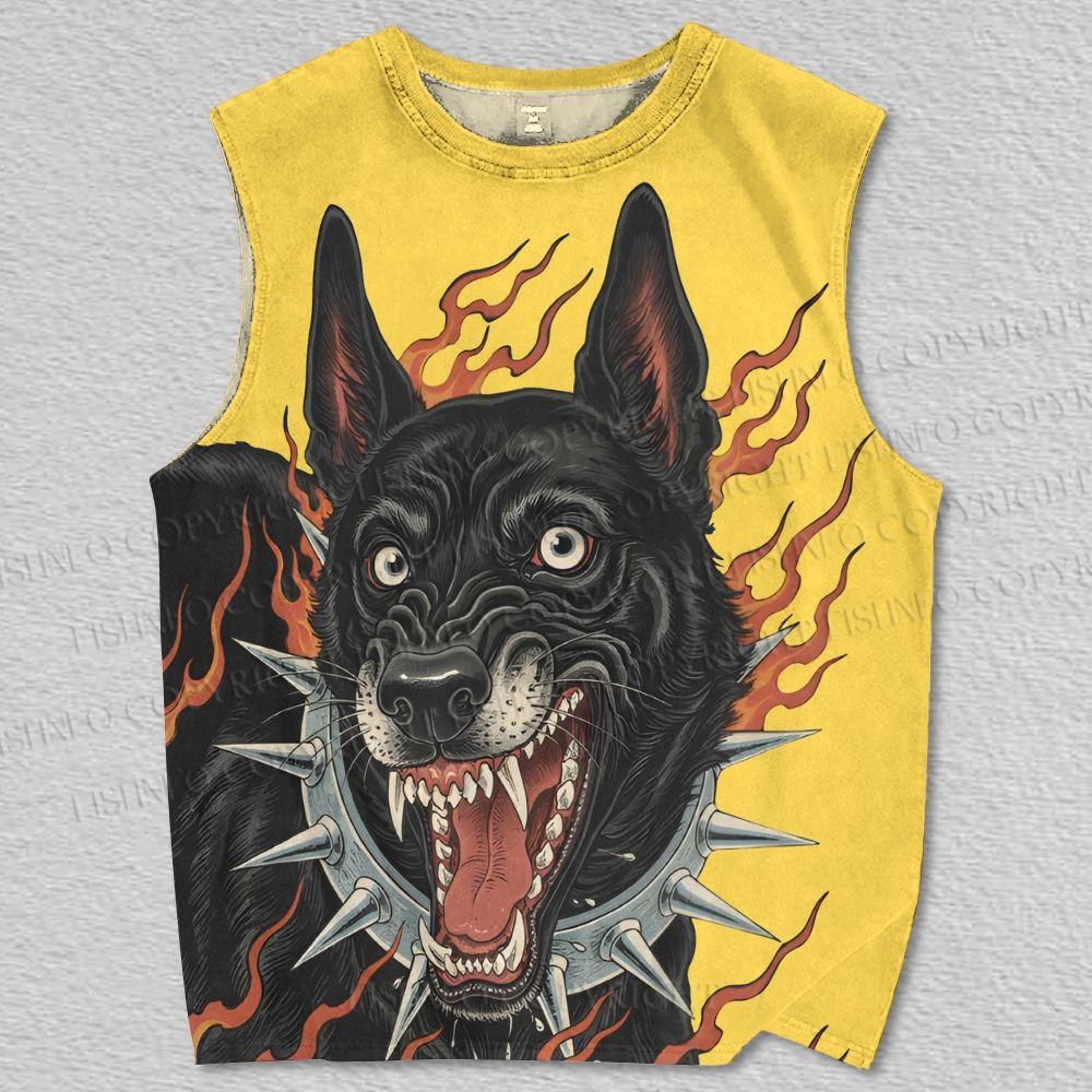 Unisex Vintage Silly Dog With Flame Printed Tank Top