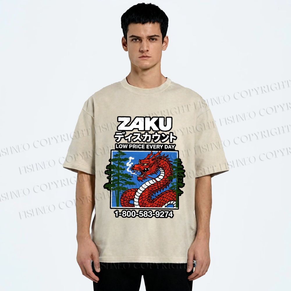 Unisex Japanese Vintage Dragon Poster Printed Washed Tee