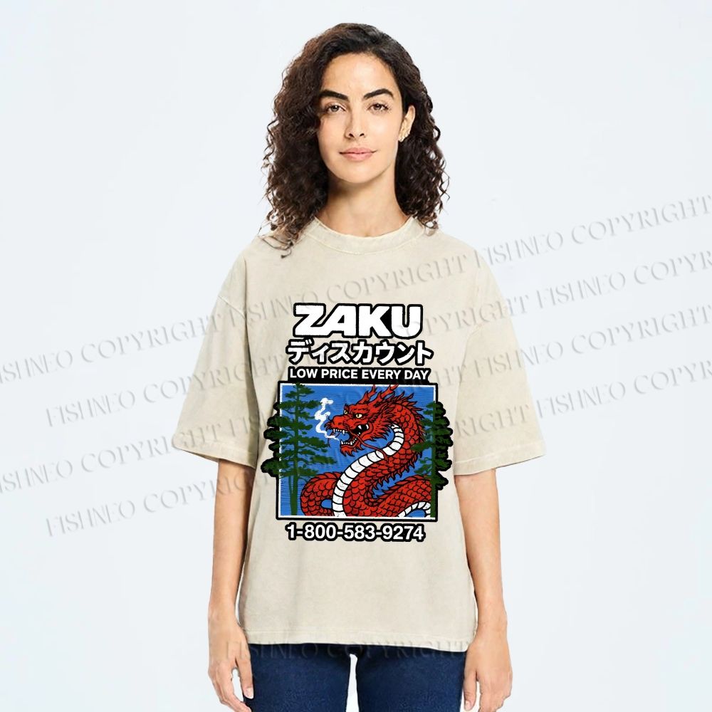 Unisex Japanese Vintage Dragon Poster Printed Washed Tee