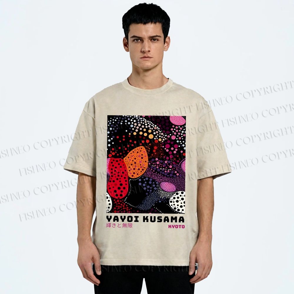 Unisex Yayoi Kusama Dots Graffiti Printed Washed Tee