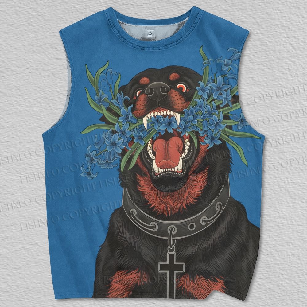 Unisex Dog With Blue Flowers Printed Tank Top