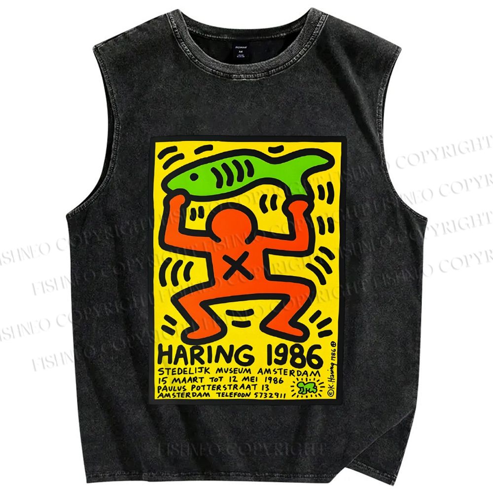 Unisex Keith Haring 1986 Green Fish Printed Washed Tank Top