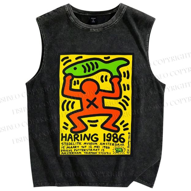 Unisex Keith Haring 1986 Green Fish Printed Washed Tank Top