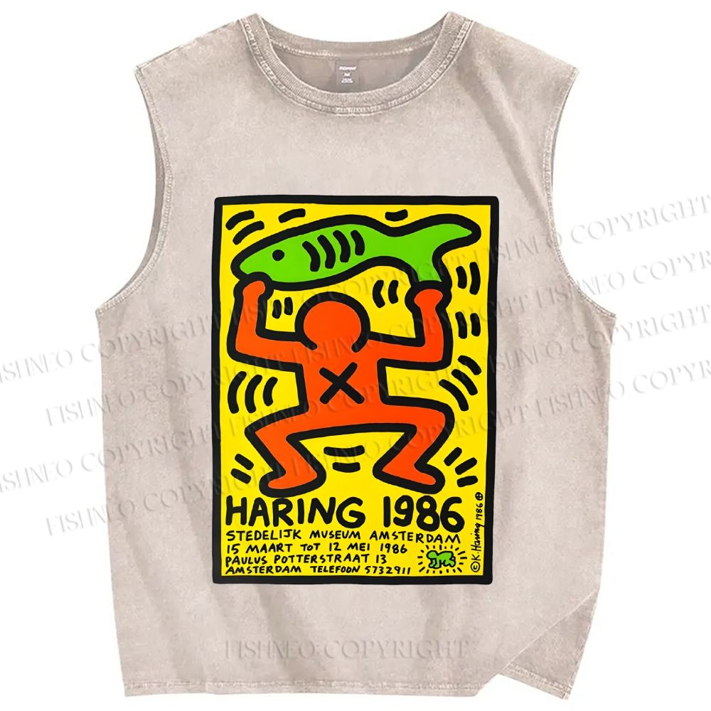 Unisex Keith Haring 1986 Green Fish Printed Washed Tank Top