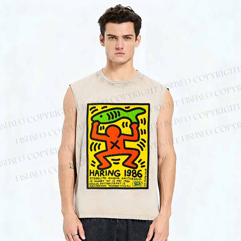 Unisex Keith Haring 1986 Green Fish Printed Washed Tank Top