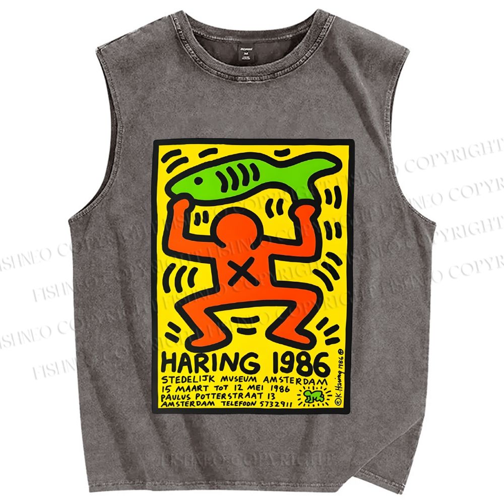Unisex Keith Haring 1986 Green Fish Printed Washed Tank Top