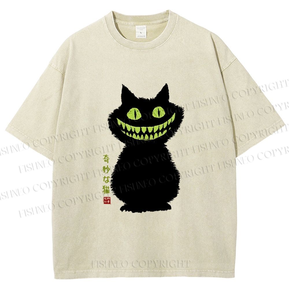 Unisex Spooky Black Cat With Green Teeth Printed Washed Tee