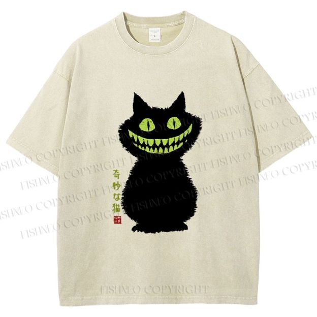 Unisex Spooky Black Cat With Green Teeth Printed Washed Tee